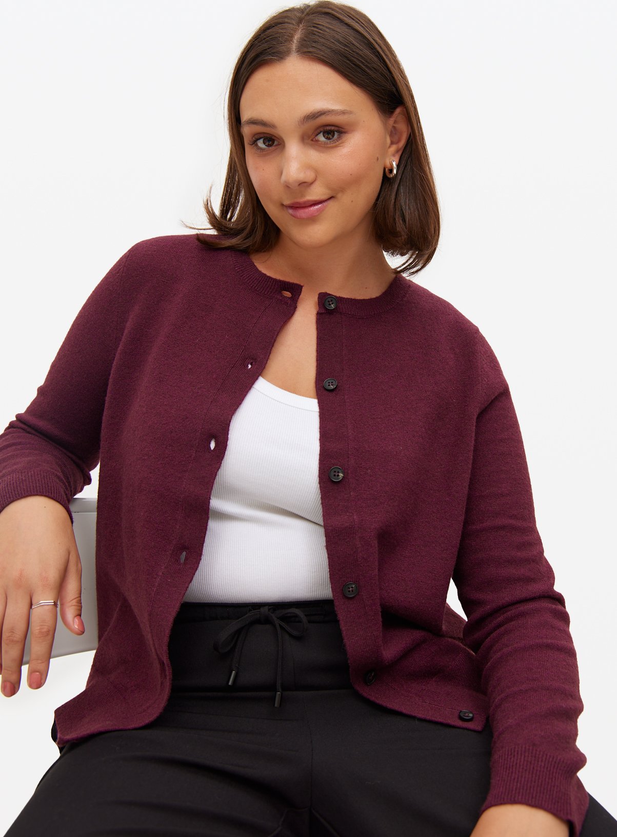 Burgundy Soft Knit Crew Neck Cardigan 14 - Image 1 thumbnail